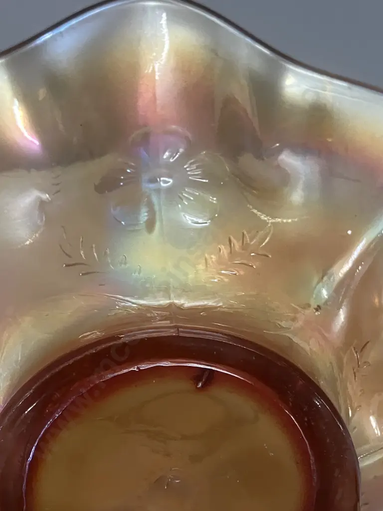 Antique Dugan Daisy Dear Carnival Glass 8-Ruffle Bowl In Marigold, Early 1900s. 6 x 17cm Image 1++