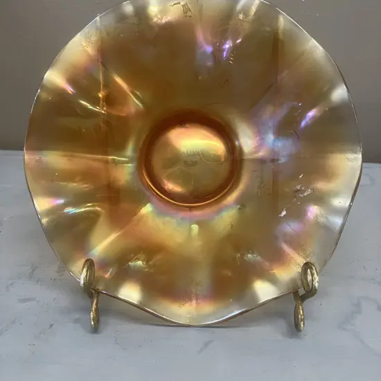 Antique Dugan Daisy Dear Carnival Glass 8-Ruffle Bowl In Marigold, Early 1900s. 6 x 17cm