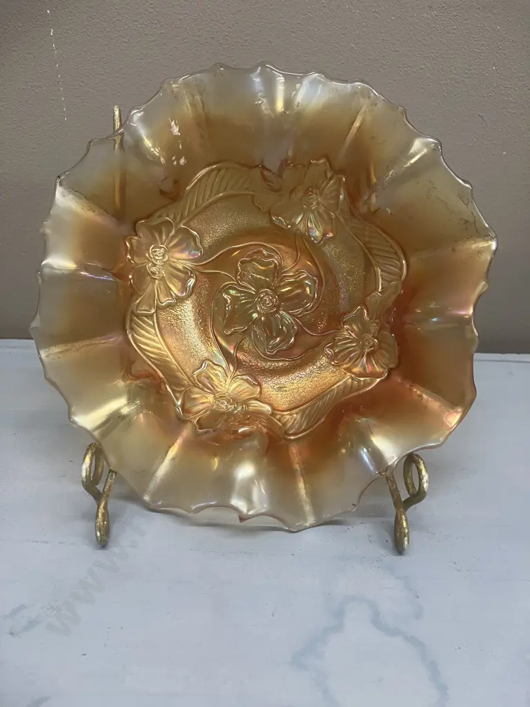 Antique Dugan Apple Blossom Carnival Glass 8-Ruffle Bowl In Marigold, c1920s. 5 x 18.5cm Image 1++