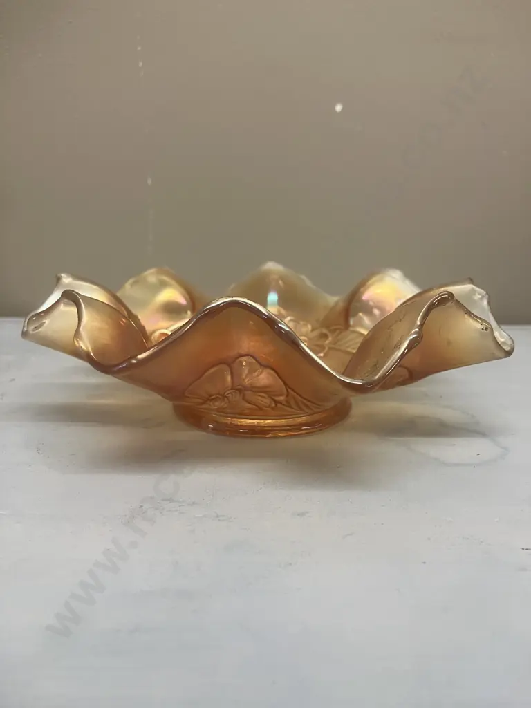 Antique Dugan Apple Blossom Carnival Glass 8-Ruffle Bowl In Marigold, c1920s. 5 x 18.5cm Image 1++