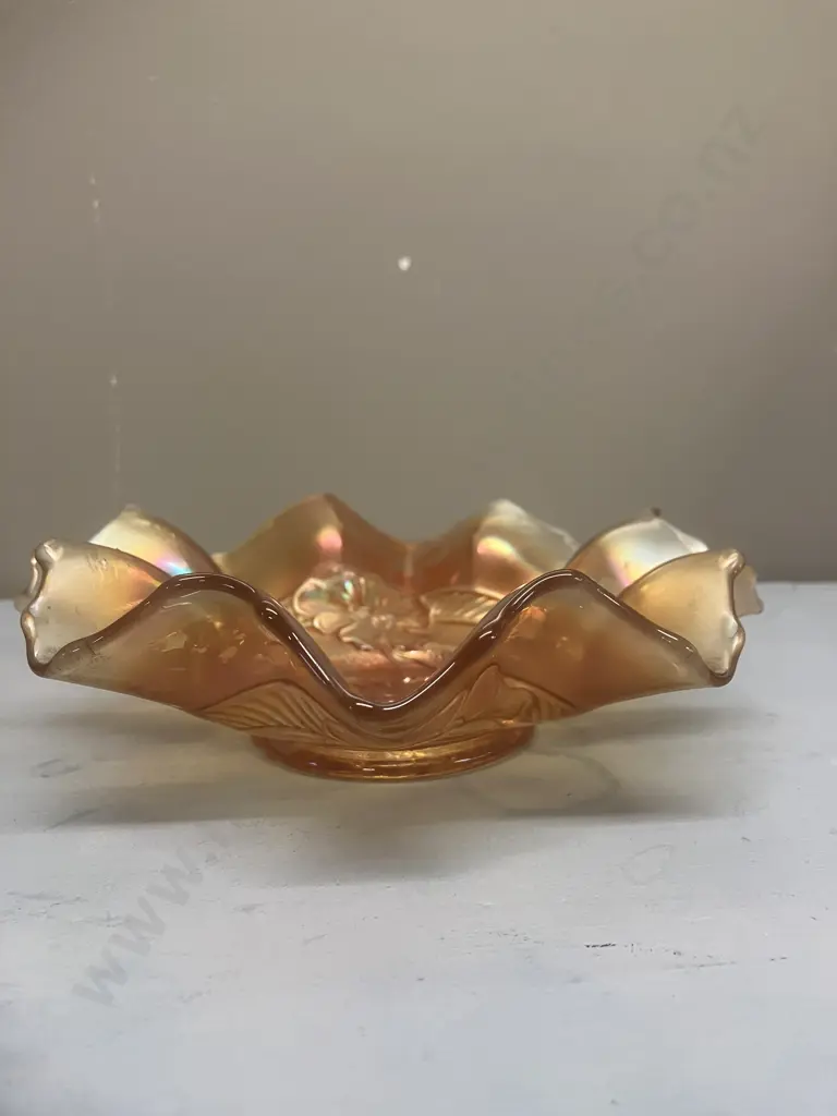 Antique Dugan Apple Blossom Carnival Glass 8-Ruffle Bowl In Marigold, c1920s. 5 x 18.5cm Image 1++