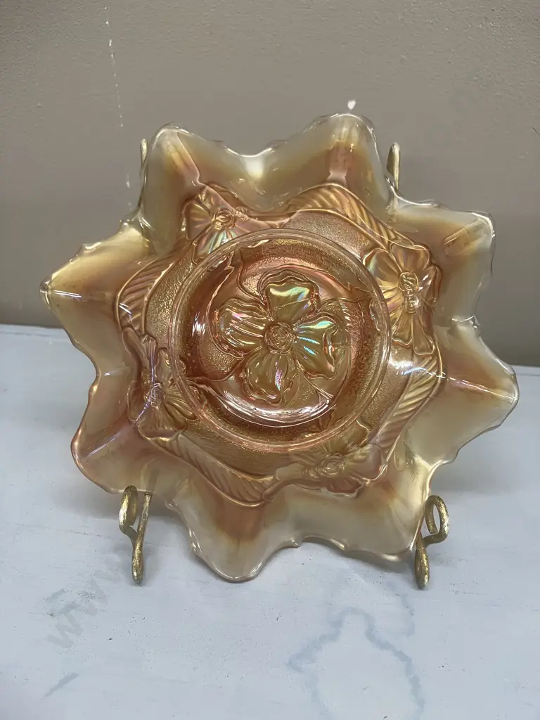 Antique Dugan Apple Blossom Carnival Glass 8-Ruffle Bowl In Marigold, c1920s. 5 x 18.5cm Image 1++