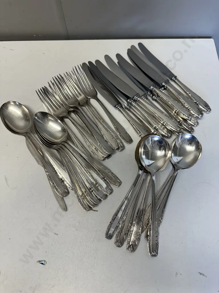 Silver Plated Cutlery Including 11 Knives, 11 Forks, Soup Spoons, 6 Desert Spoons, 2 Serving Spoons & 1 Small Cake Knife Image 1++