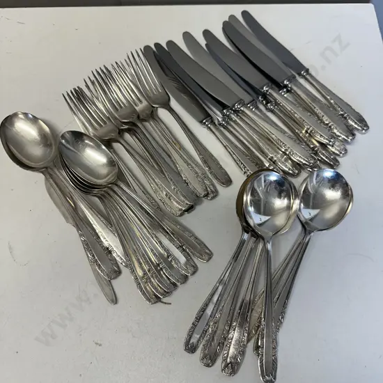 Silver Plated Cutlery Including 11 Knives, 11 Forks, Soup Spoons, 6 Desert Spoons, 2 Serving Spoons & 1 Small Cake Knife
