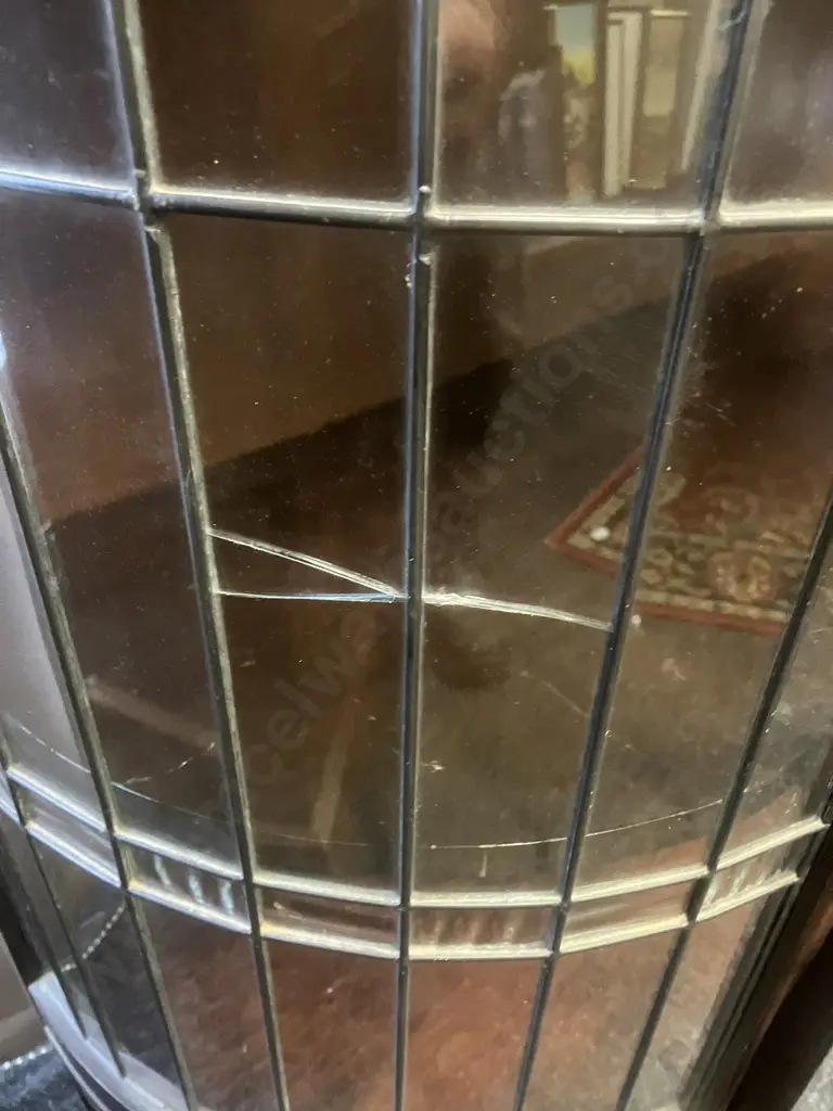 Mahogany Leadlight Bow Front Display Cabinet With Key, Cabriole Legs, 3 Wood Shelves. H160 W99 D39cm (Leadlight Damaged) Image 1++