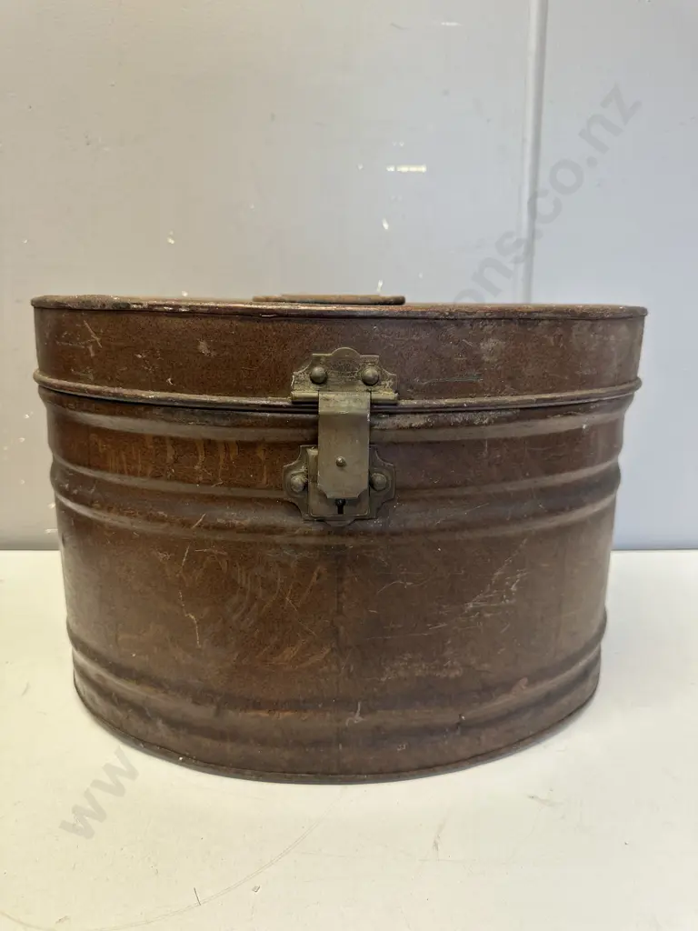 Antique Victorian Style Metal Hat Box With Hinged  Image 1++