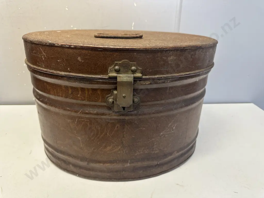 Antique Victorian Style Metal Hat Box With Hinged  Image 1++