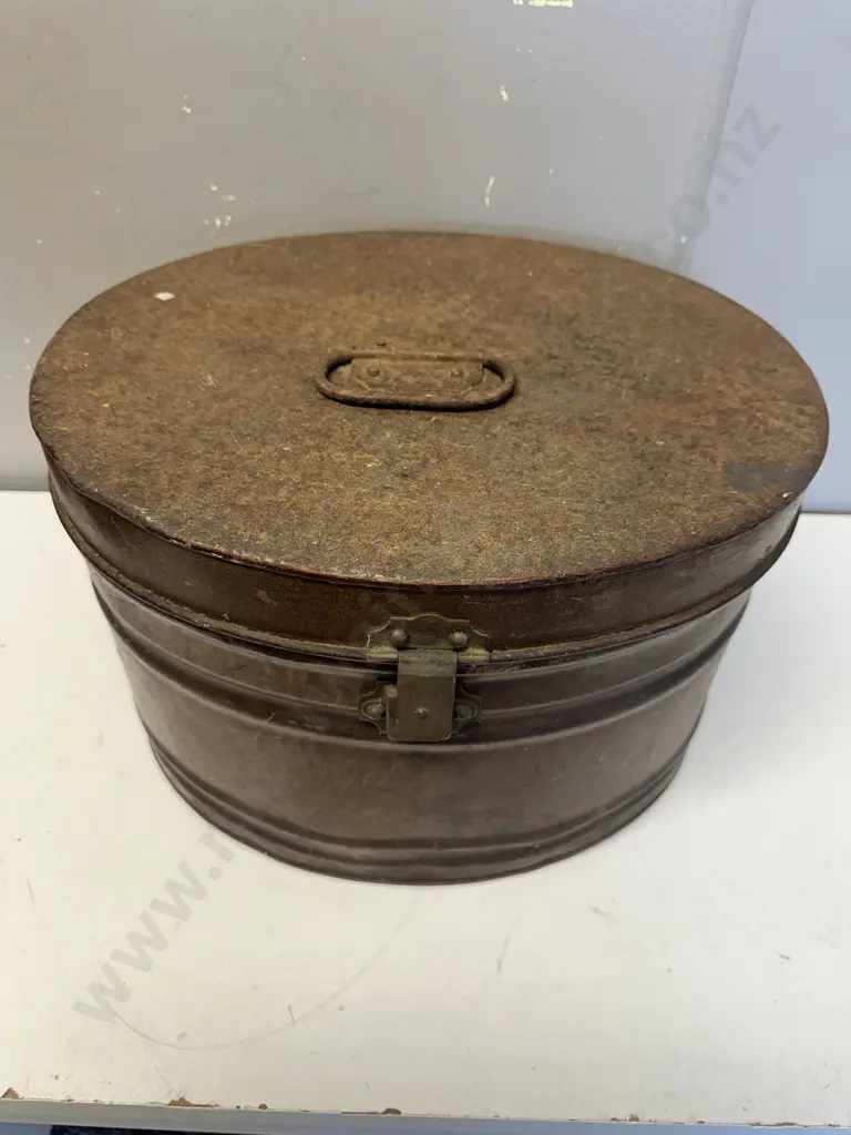 Antique Victorian Style Metal Hat Box With Hinged  Image 1++