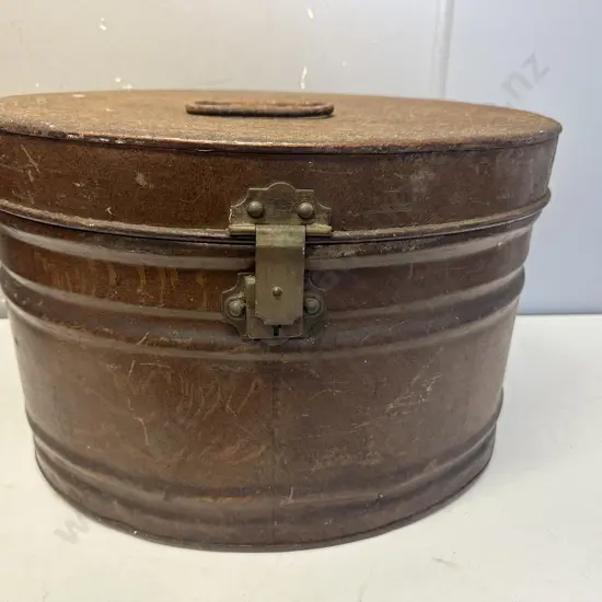 Antique Victorian Style Metal Hat Box With Hinged 