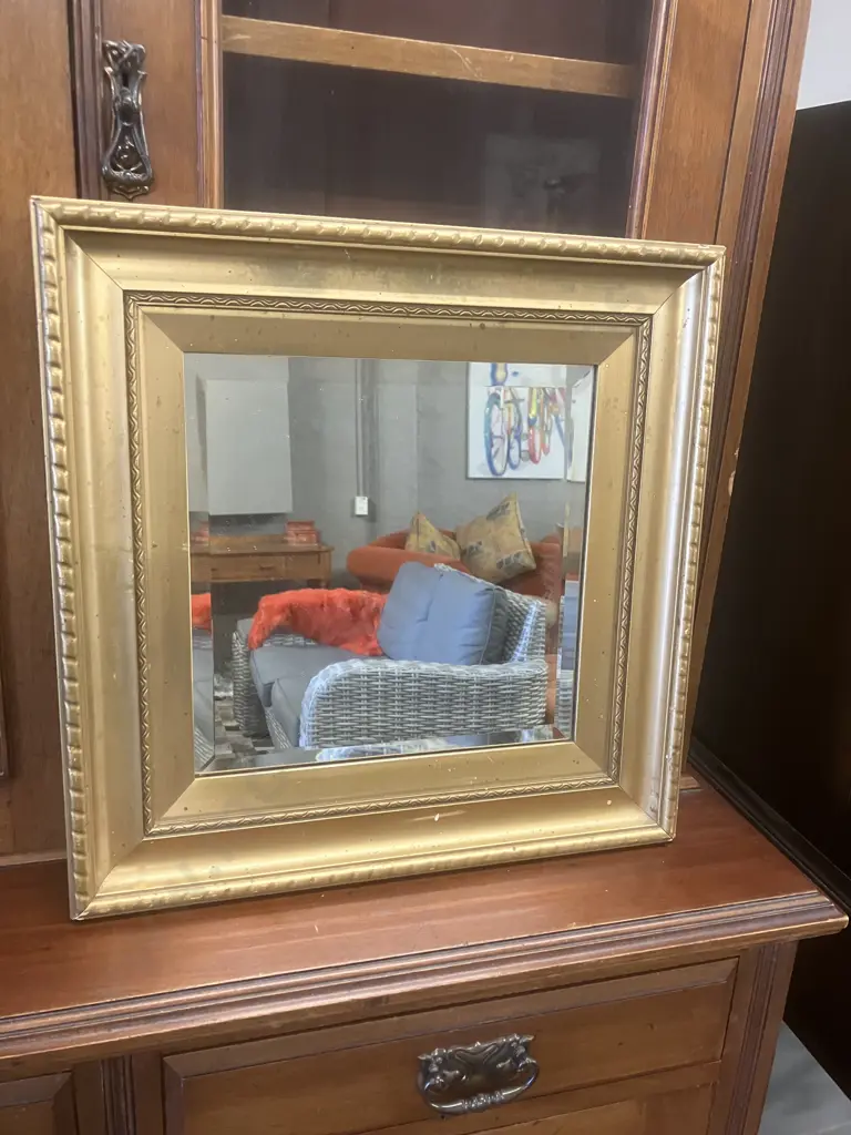 Vintage Gold Colour Wooden Framed Bevelled Edge Wall Mirror. 47 x 47cm Image 1++