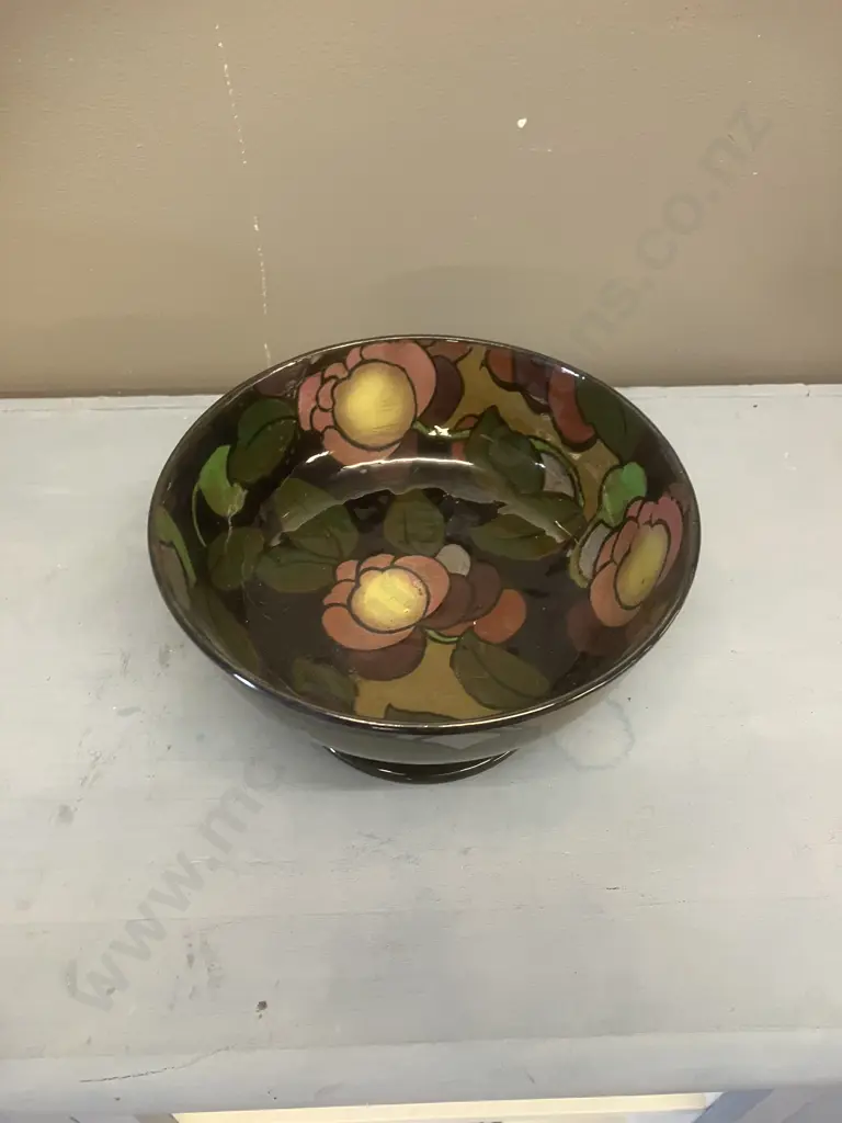 Royal Stanley Ware Jacobean English Art Deco Pottery Footed Bowl, c1920s, Black Factory Mark To Base. 11 x 19.5cm Image 1++