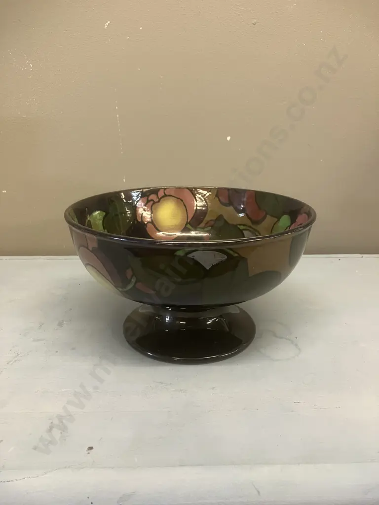 Royal Stanley Ware Jacobean English Art Deco Pottery Footed Bowl, c1920s, Black Factory Mark To Base. 11 x 19.5cm Image 1++