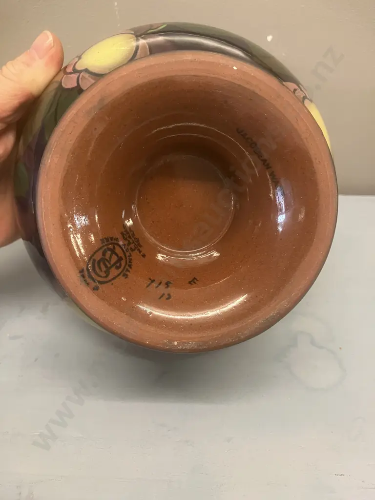 Royal Stanley Ware Jacobean English Art Deco Pottery Footed Bowl, c1920s, Black Factory Mark To Base. 11 x 19.5cm Image 1++