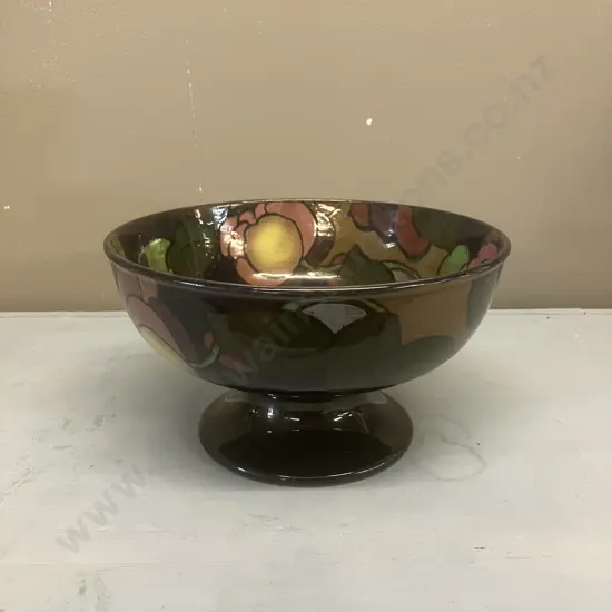 Royal Stanley Ware Jacobean English Art Deco Pottery Footed Bowl, c1920s, Black Factory Mark To Base. 11 x 19.5cm