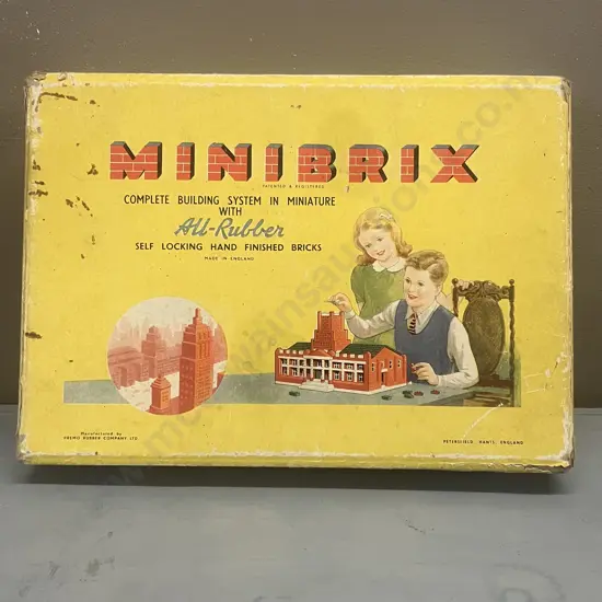 Vintage 1950s Minibrix Set No. 2 – Rubber Building Bricks by Premo Rubber Co, Original Box, Tudor Minibrix Book Etc