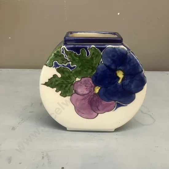 Penny Madden Pottery Vase, Hand Painted Pansy's. 14.5 x 15cm