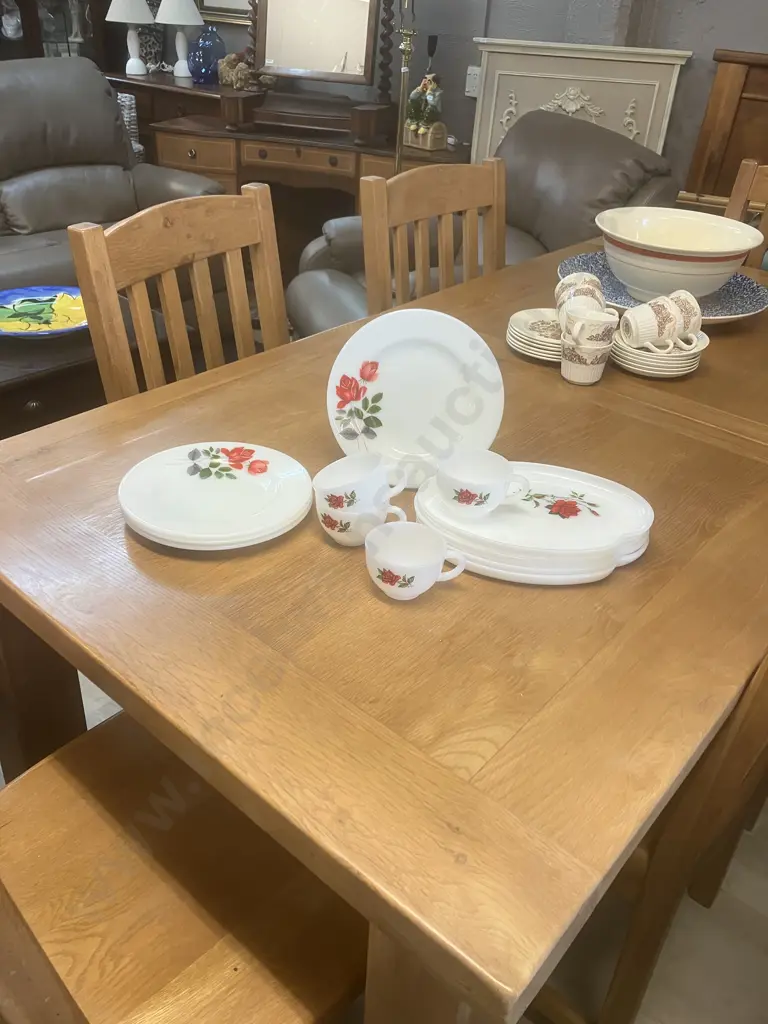 Vintage Federal Milk Glass Rosecrest 4 x Teacup & Snack Plate Sets & 4 x Dinner Plates (1 Dinner Plate Chipped) Image 1++