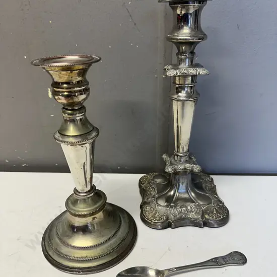 Silver Ware Items Including Candle Holders & Commemorative Teaspoon Coronation Elizabeth 2nd June 1953