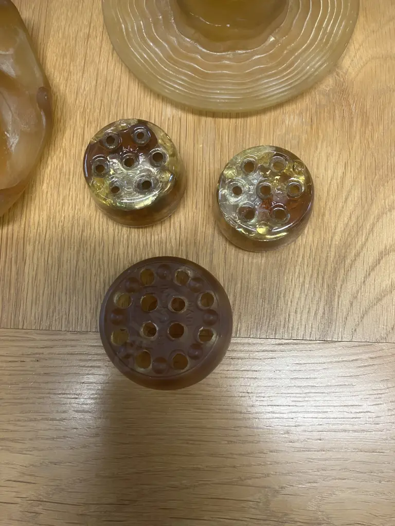 Bagley Equinox Frosted Amber Glass Posy Bowl, Ripple Glass Round Posy Bowl & Three English Made Amber Glass Frogs Image 1++