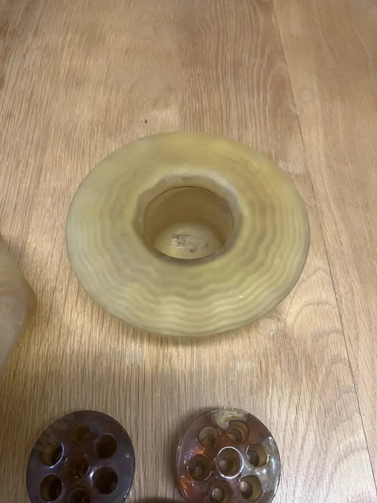 Bagley Equinox Frosted Amber Glass Posy Bowl, Ripple Glass Round Posy Bowl & Three English Made Amber Glass Frogs Image 1++