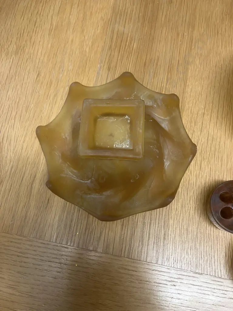 Bagley Equinox Frosted Amber Glass Posy Bowl, Ripple Glass Round Posy Bowl & Three English Made Amber Glass Frogs Image 1++