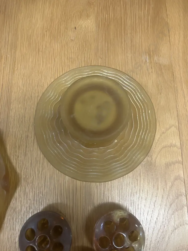 Bagley Equinox Frosted Amber Glass Posy Bowl, Ripple Glass Round Posy Bowl & Three English Made Amber Glass Frogs Image 1++