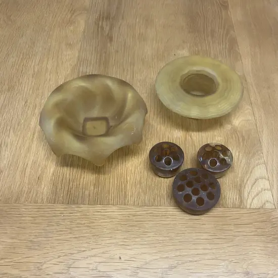 Bagley Equinox Frosted Amber Glass Posy Bowl, Ripple Glass Round Posy Bowl & Three English Made Amber Glass Frogs