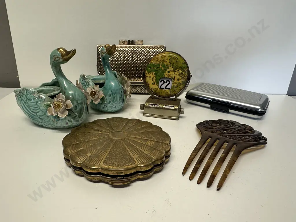 Selection Of Vintage Items Including Perpetual Flip Calendar, Candle Holders, Mesh Purse Etc Image 1++