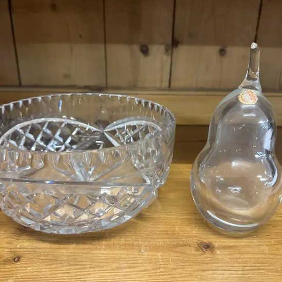 Crystal Bowl & Art Glass Pear Paper Weight