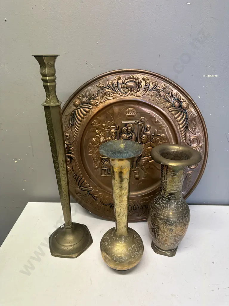 Brass & Copper Items Including Candle Holder, Wall Plaque Etc Image 1++