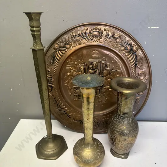 Brass & Copper Items Including Candle Holder, Wall Plaque Etc