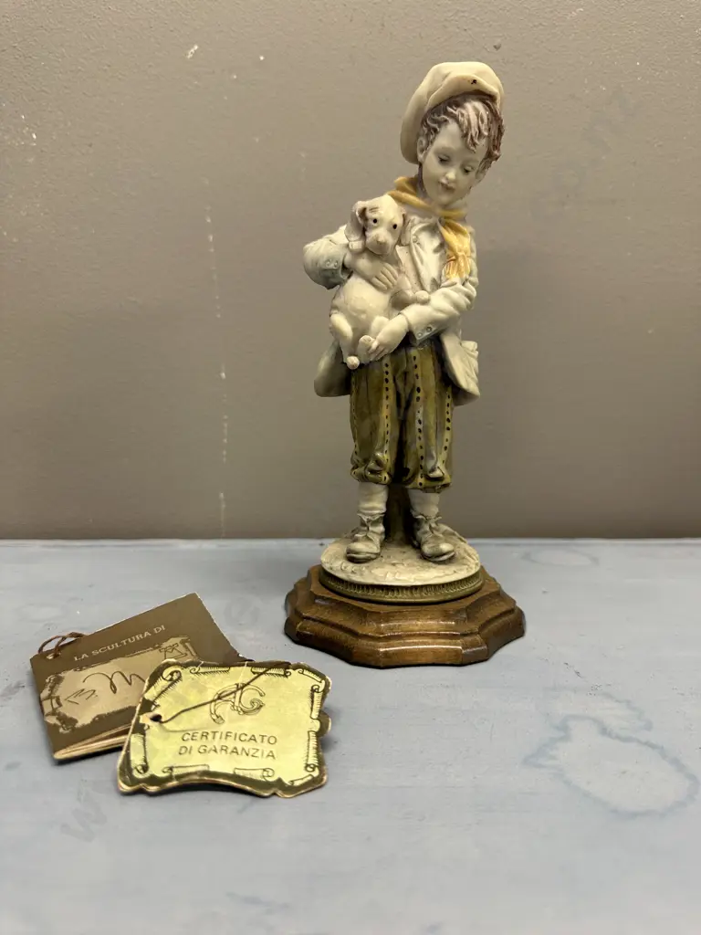 Vintage Figurine Boy Holding Dog  Signed B.Merli Image 1++