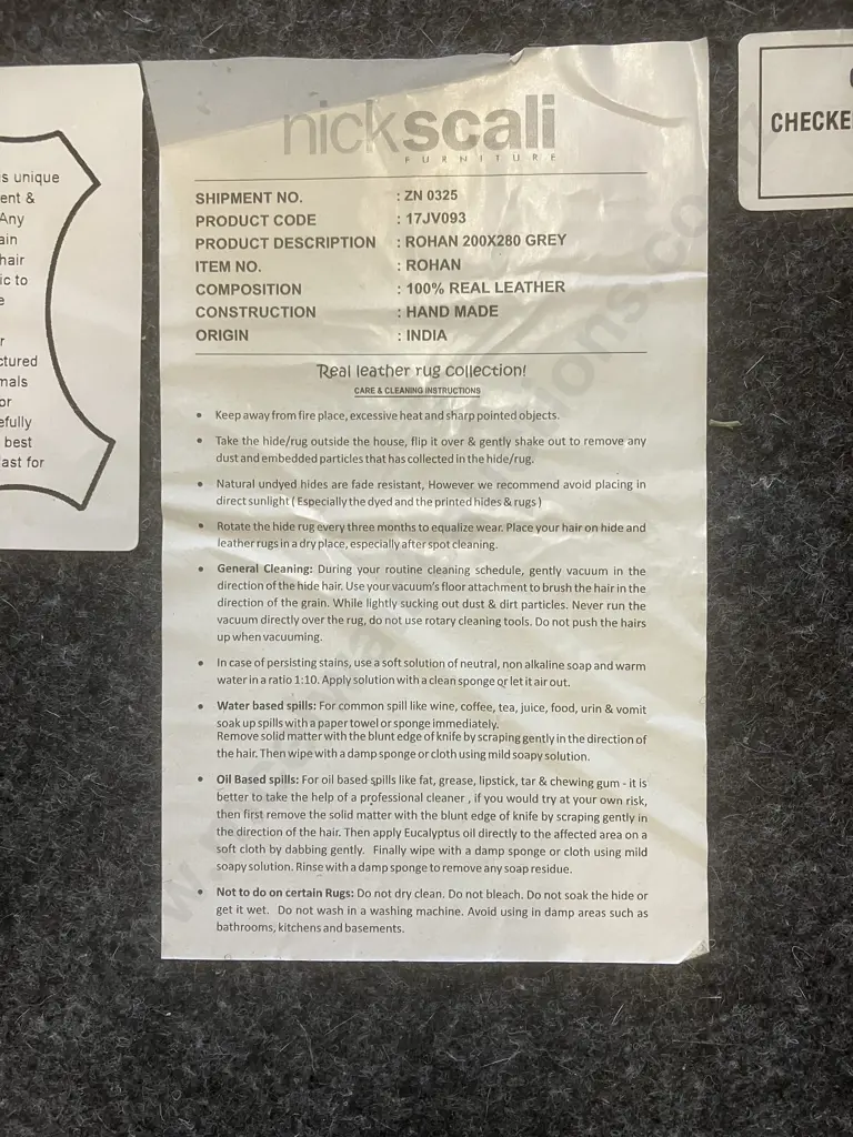 nickscali Rohan Grey Floor Rug - 100% Leather. 200 x 280cm Image 1++