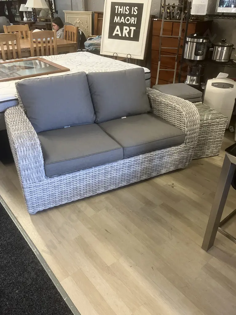 Outdoor PE Rattan Wicker Couch With Pair of Square Side Tables / Stools Image 1++