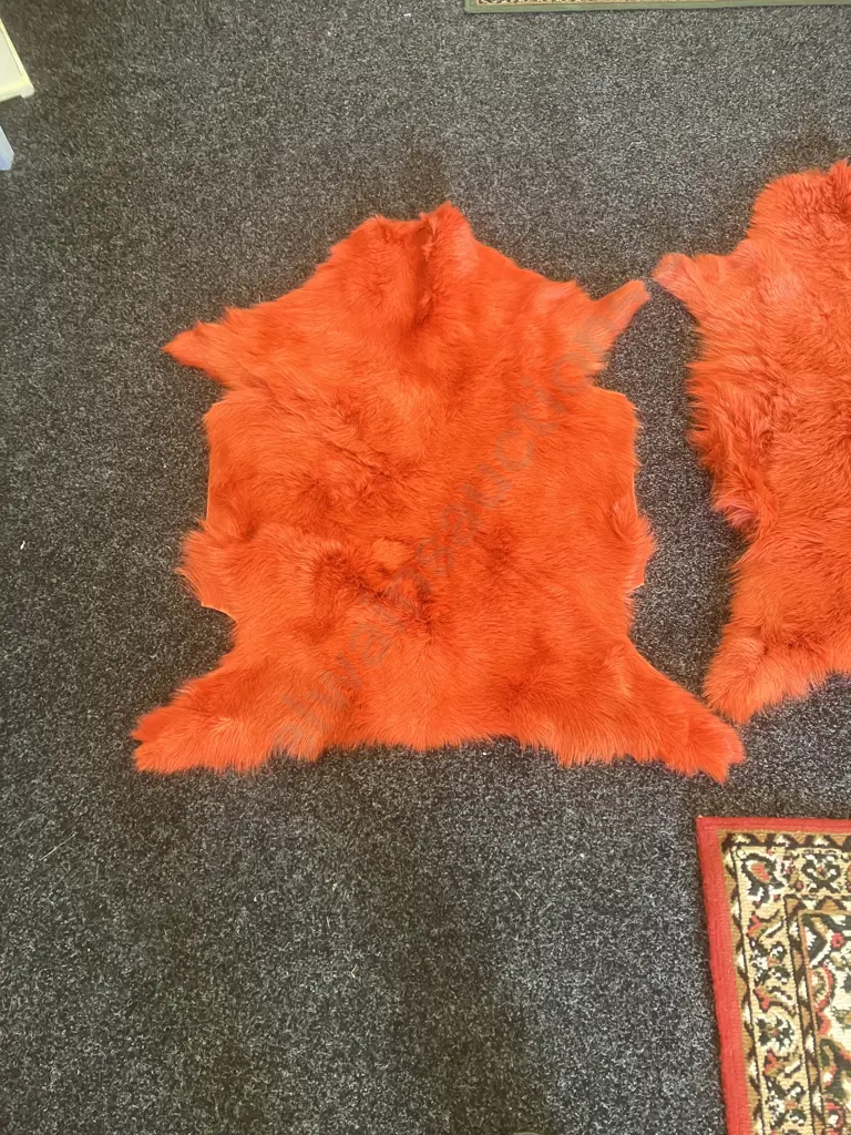 Pair of Orange Mulberi Dyed Natural Goat Hide Rugs. L92 & 94cm Image 1++