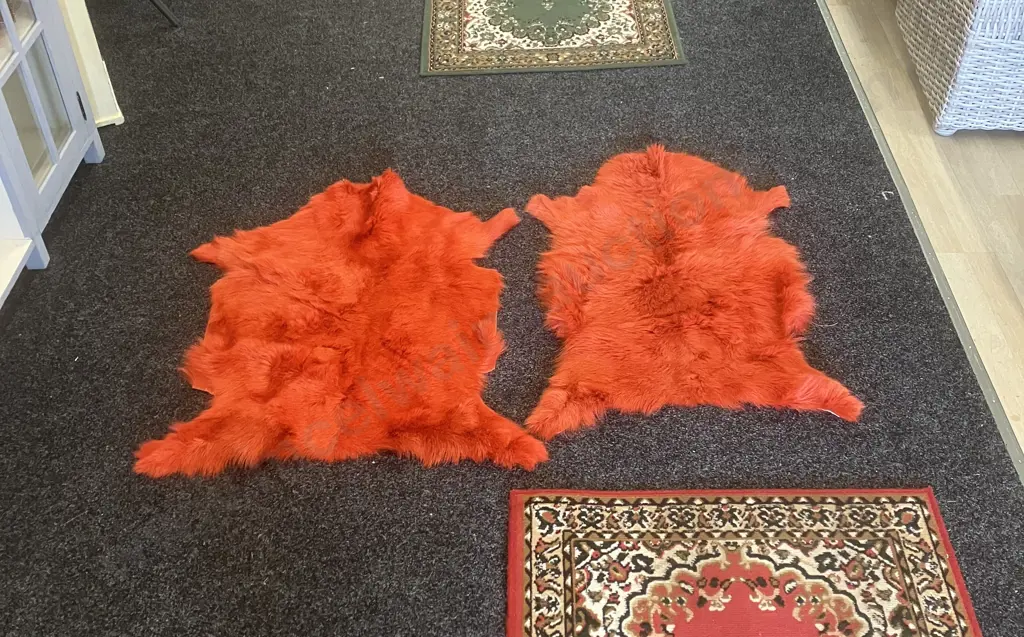 Pair of Orange Mulberi Dyed Natural Goat Hide Rugs. L92 & 94cm Image 1++