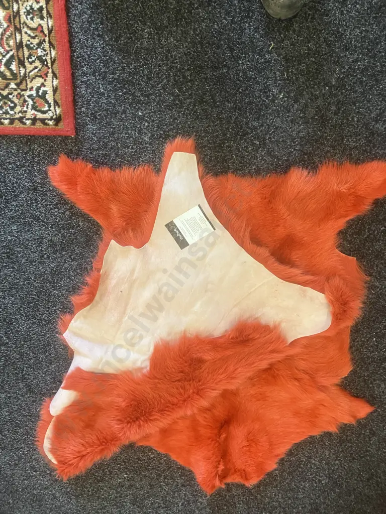 Pair of Orange Mulberi Dyed Natural Goat Hide Rugs. L92 & 94cm Image 1++