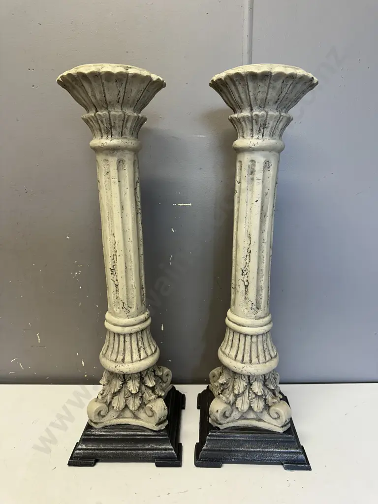 Pair Of Cream Candle Holders With Square Silver Coloured Bases H60cm. Image 1++