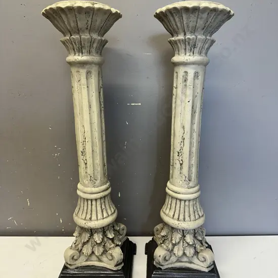 Pair Of Cream Candle Holders With Square Silver Coloured Bases H60cm.