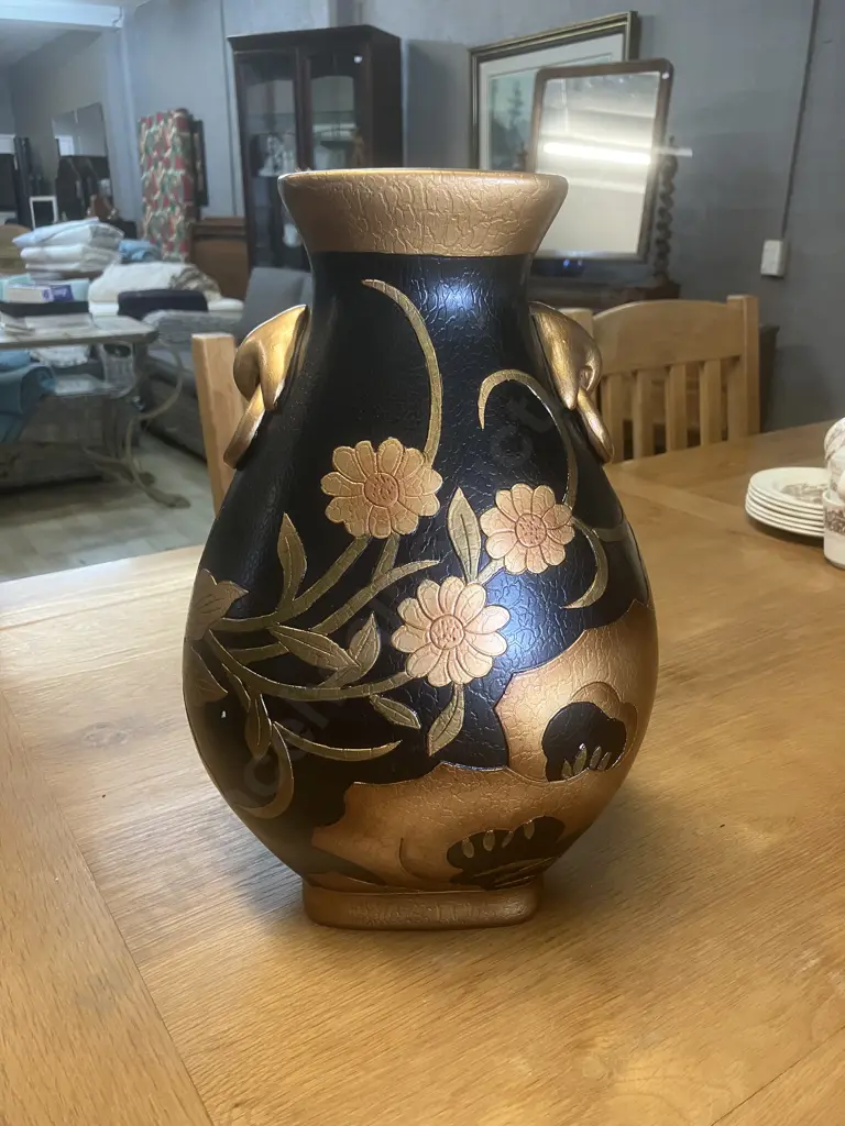 Hand Painted Italian Design Decorative Vase - Black With Raised Gold Embossed Detailing. H36cm Image 1++