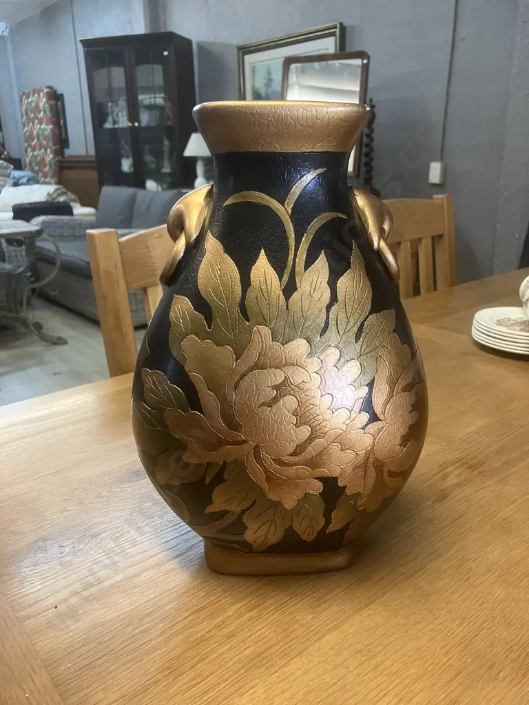 Hand Painted Italian Design Decorative Vase - Black With Raised Gold Embossed Detailing. H36cm Image 1++