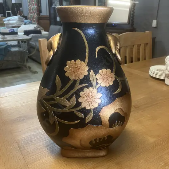 Hand Painted Italian Design Decorative Vase - Black With Raised Gold Embossed Detailing. H36cm