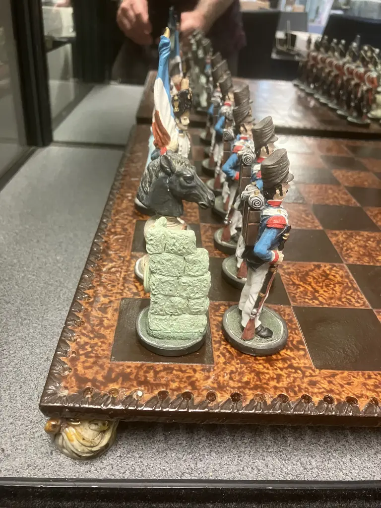 Vintage Handpainted Napoleon & Wellington Chess Set With Footed 44 x 44cm Chess Board. Flag Bearer 13cm King 10cm. Image 1++