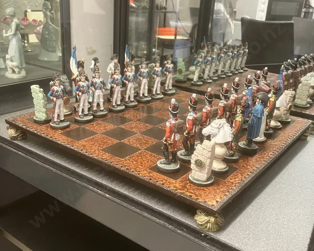 Vintage Handpainted Napoleon & Wellington Chess Set With Footed 44 x 44cm Chess Board. Flag Bearer 13cm King 10cm. Image 1++