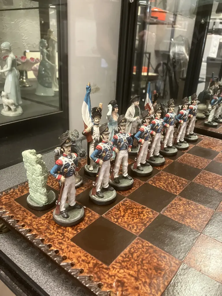 Vintage Handpainted Napoleon & Wellington Chess Set With Footed 44 x 44cm Chess Board. Flag Bearer 13cm King 10cm. Image 1++