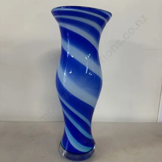 Vintage Murano Style Blue & White Swirl Art Glass Vase H36.5cm.