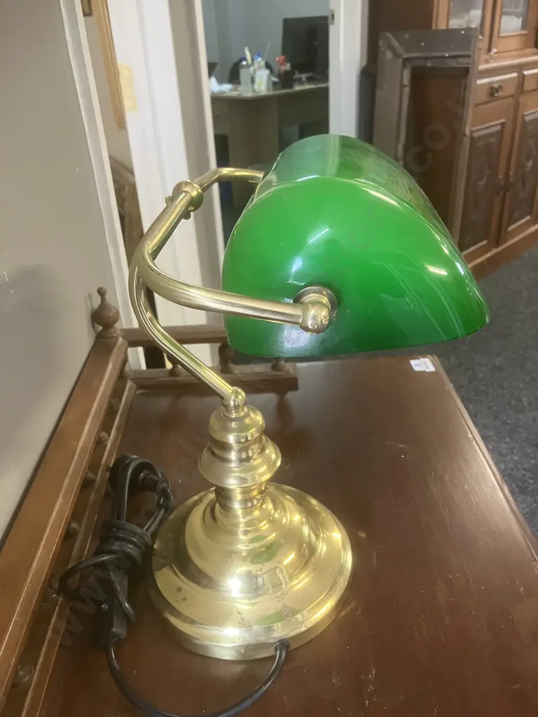 Polished Brass Bankers Lamp With Green Glass Shade. H35cm Image 1++