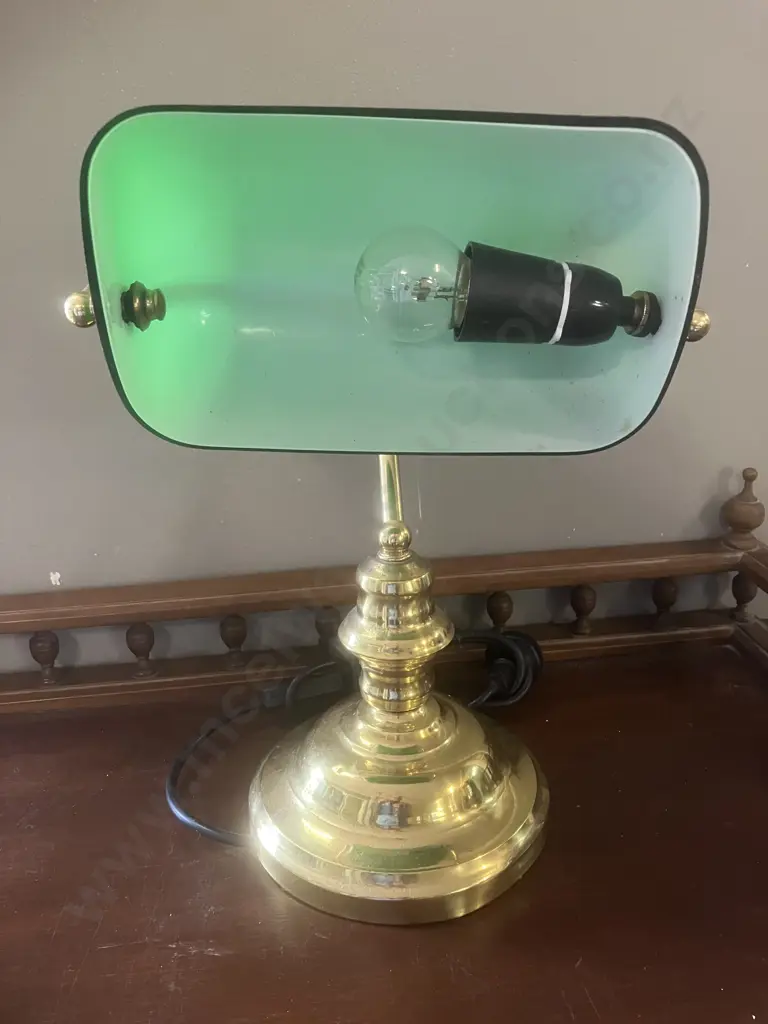 Polished Brass Bankers Lamp With Green Glass Shade. H35cm Image 1++