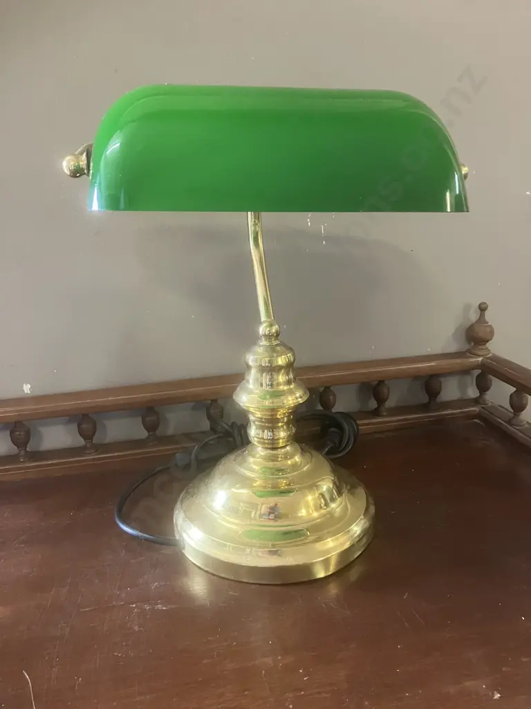 Polished Brass Bankers Lamp With Green Glass Shade. H35cm Image 1++