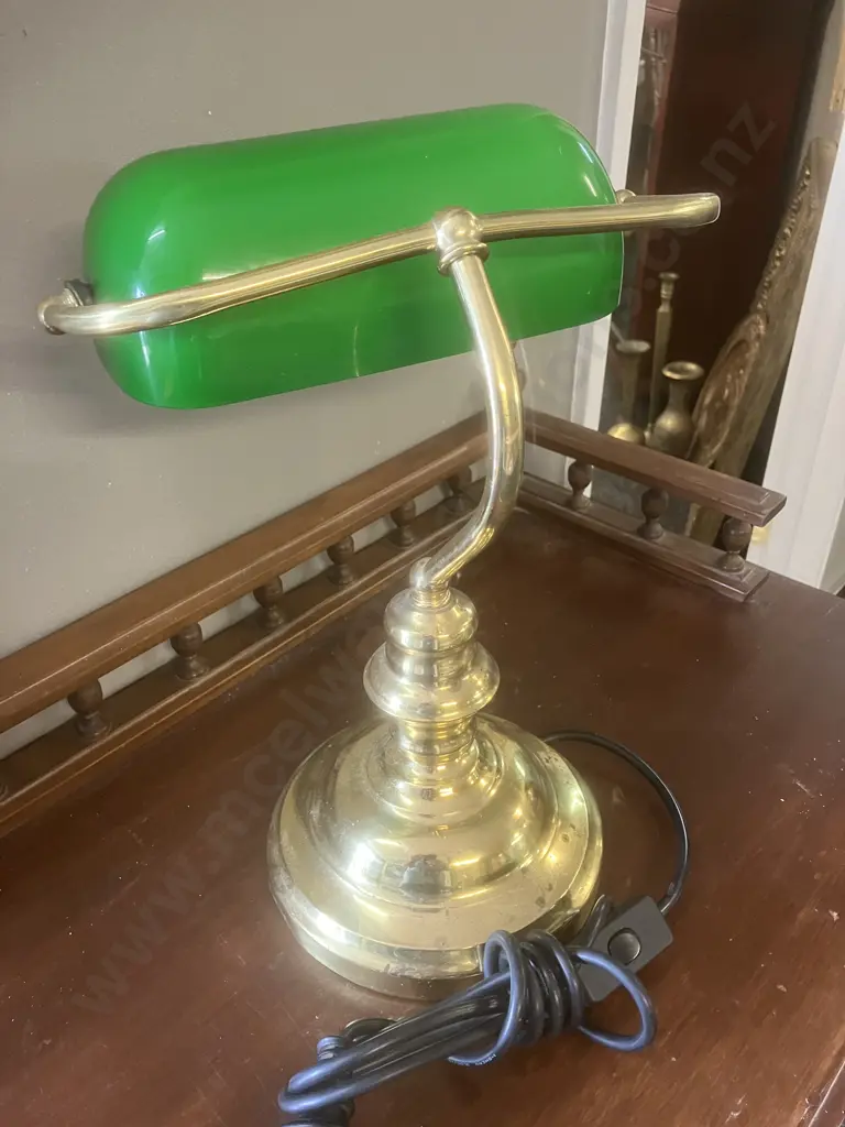 Polished Brass Bankers Lamp With Green Glass Shade. H35cm Image 1++